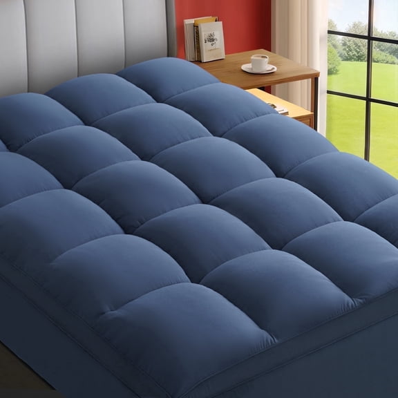 EMONIA 100% 400TC Mattress Topper Queen for Back Pain Relief, 900GSM Pillow Top Mattress Pad, Cooling Mattress Cover with 8-21" Deep Elastic Pocket, ultra-soft Noiseless Washable (Dark Blue,Queen )