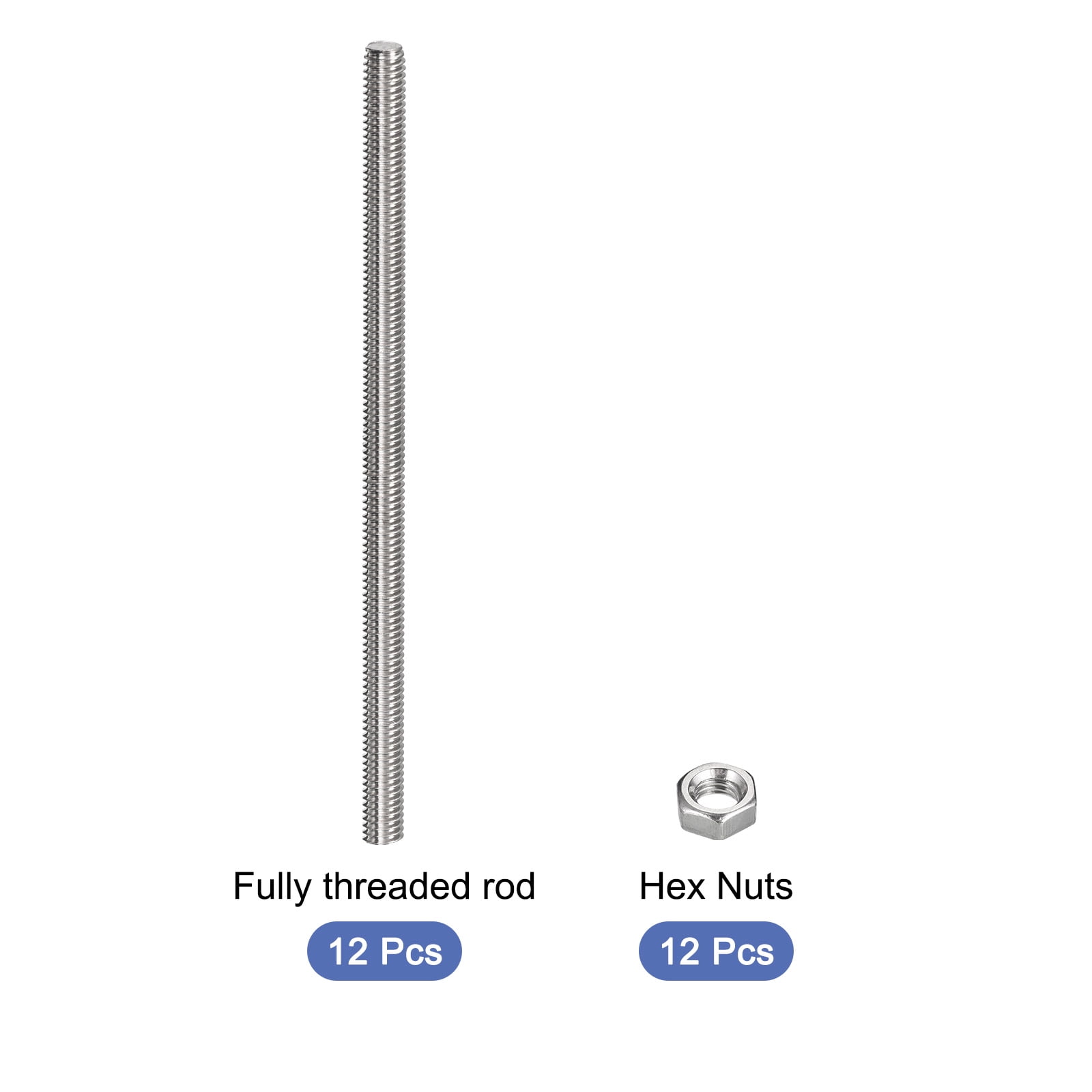 Uxcell 12Pack M6 x 250mm Fully Threaded Rod w 12Pack Hex Nuts, 1mm Pitch 304 Stainless Steel Right Hand Threaded Rod