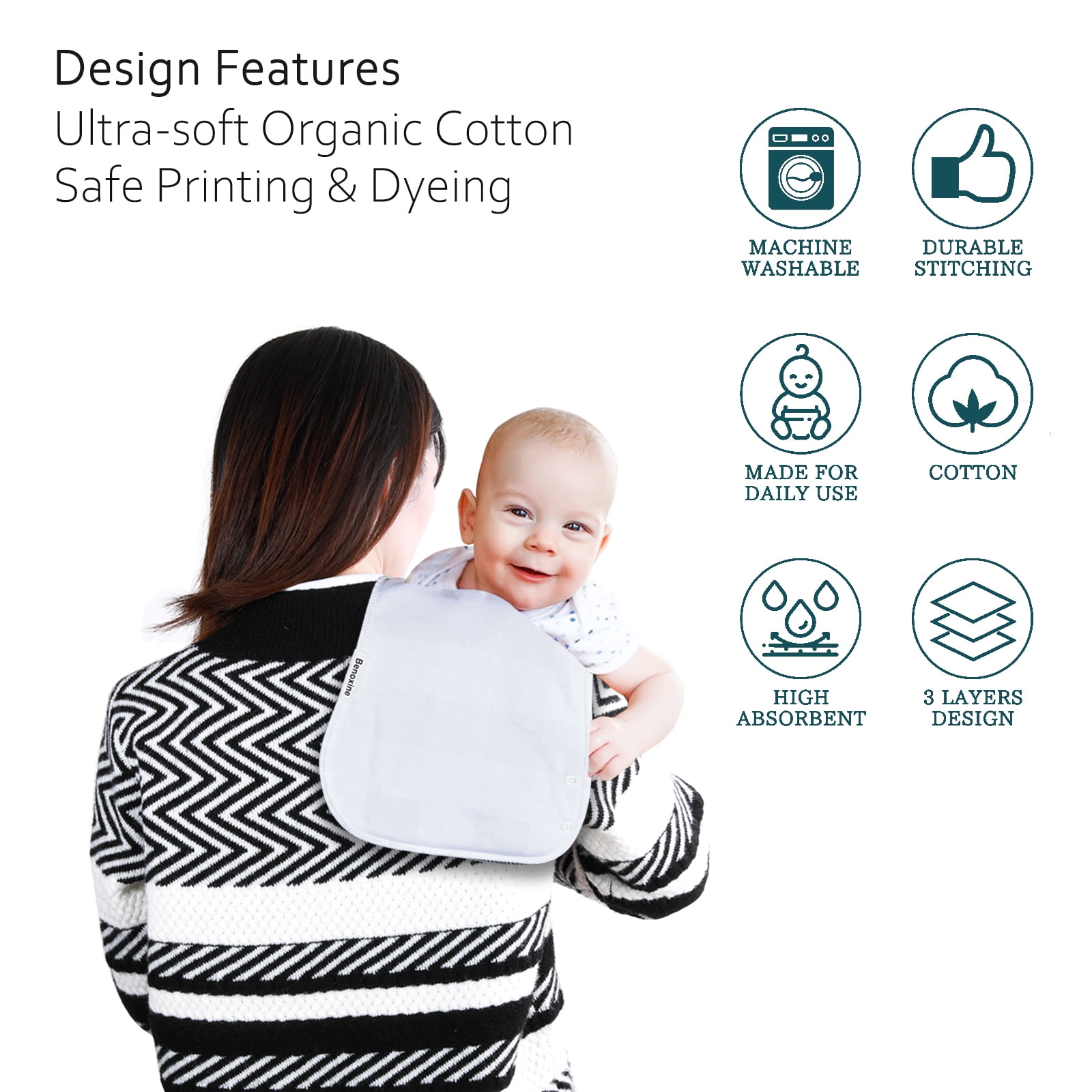 2-in-1 Baby Bibs & Burp Cloths Set, 3-Layer Design, Large Size, Super Absorbent, 100% Organic Cotton, Soft & Comfortable，12-Pack