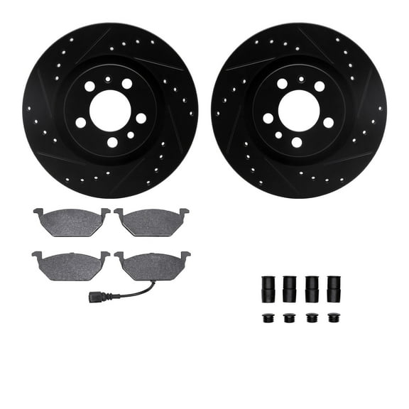 Dynamic Friction Company Front Brake Rotors-Drilled and Slotted-Black with 5000 Advanced Brake Pads includes Hardware 8512-74026