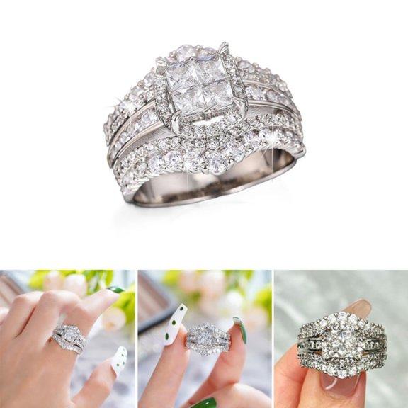 HmNPlay Square Cubic Zirconia Engagement Ring Wedding Band Bridal Set Promise Rings for Women Anniversary Jewelry Valentine's Day Gift for Wife