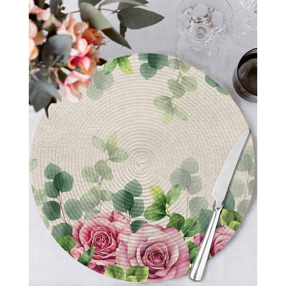 13 Inch Round Placemats Set of 6, Spring Pink Roses Non Slip Heat Insulation PP Table Mats, Pastoral Eucalyptus Leaves Rustic Burlap Washable Place Mats for Kitchen Dining Party Table Decor