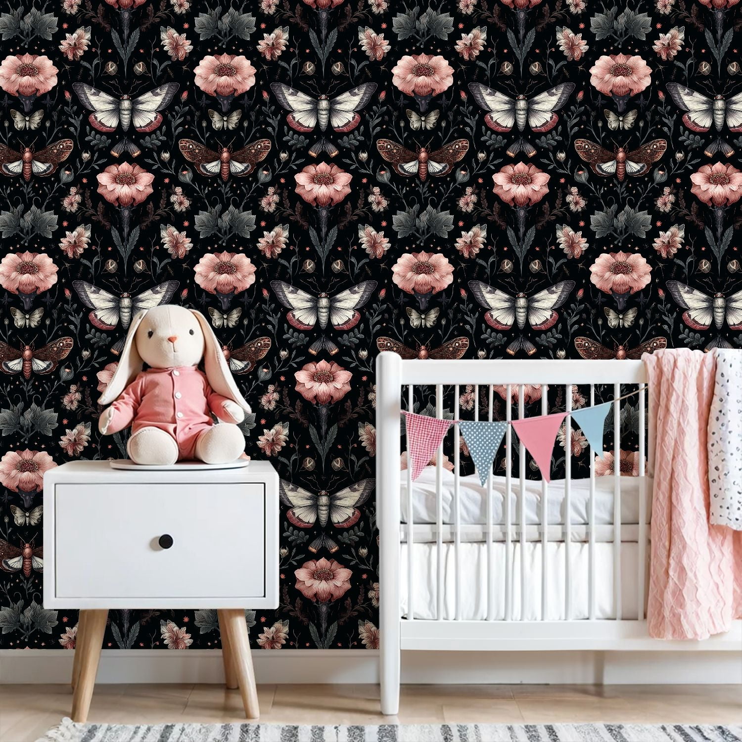 Peel and Stick Wallpaper Moths Floral Pink Flowers Dark Botanical Wall Mural 23.6in x 9.8ft Self Adhesive Removable Wall Paper Renter Friendly Wallpaper for Nursery Bedroom Cabinets