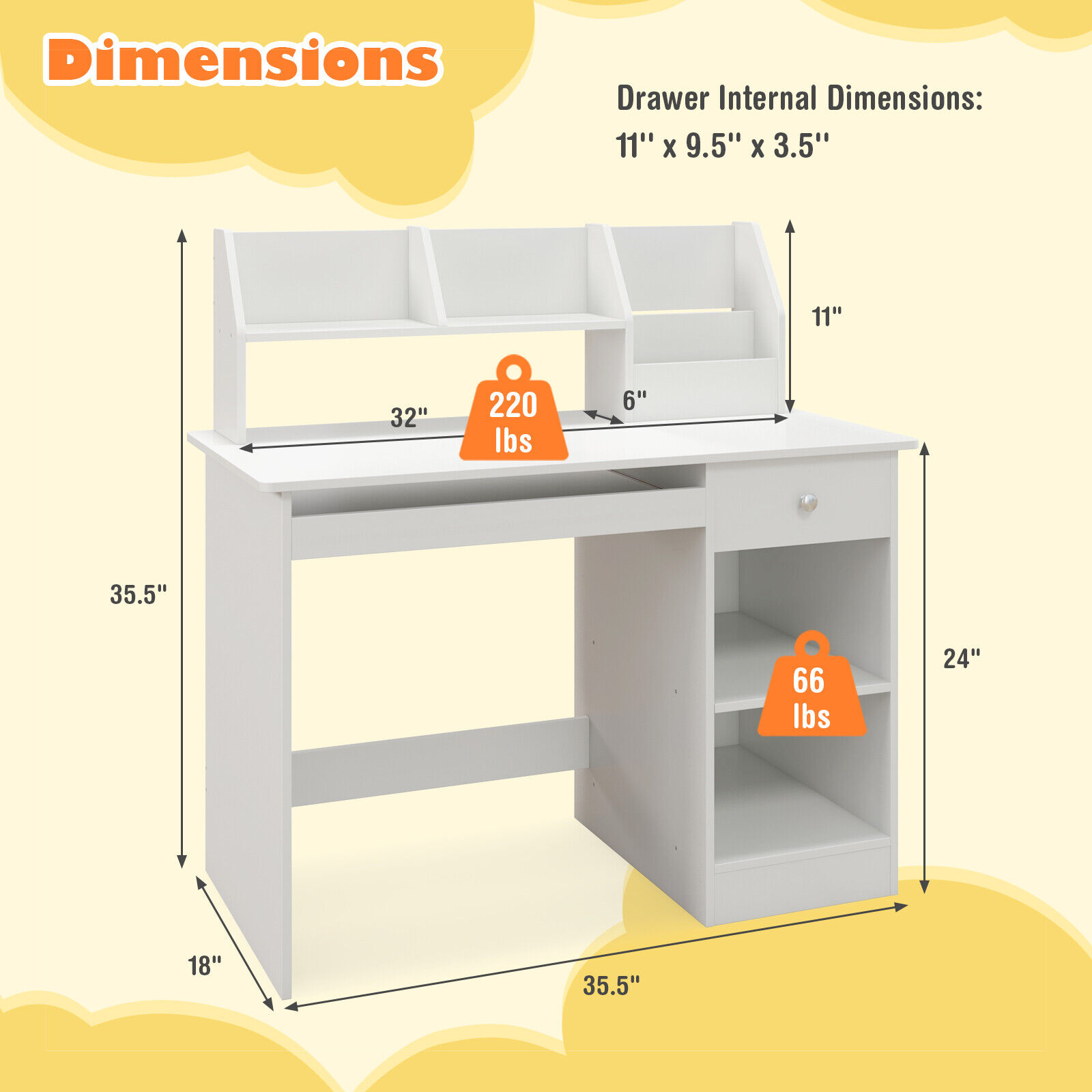 Amijoy Children's desk, children's writing desk, with kitchen cabinet, drawers, storage rack and keyboard tray, suitable for 3+home school students' wooden computer desk