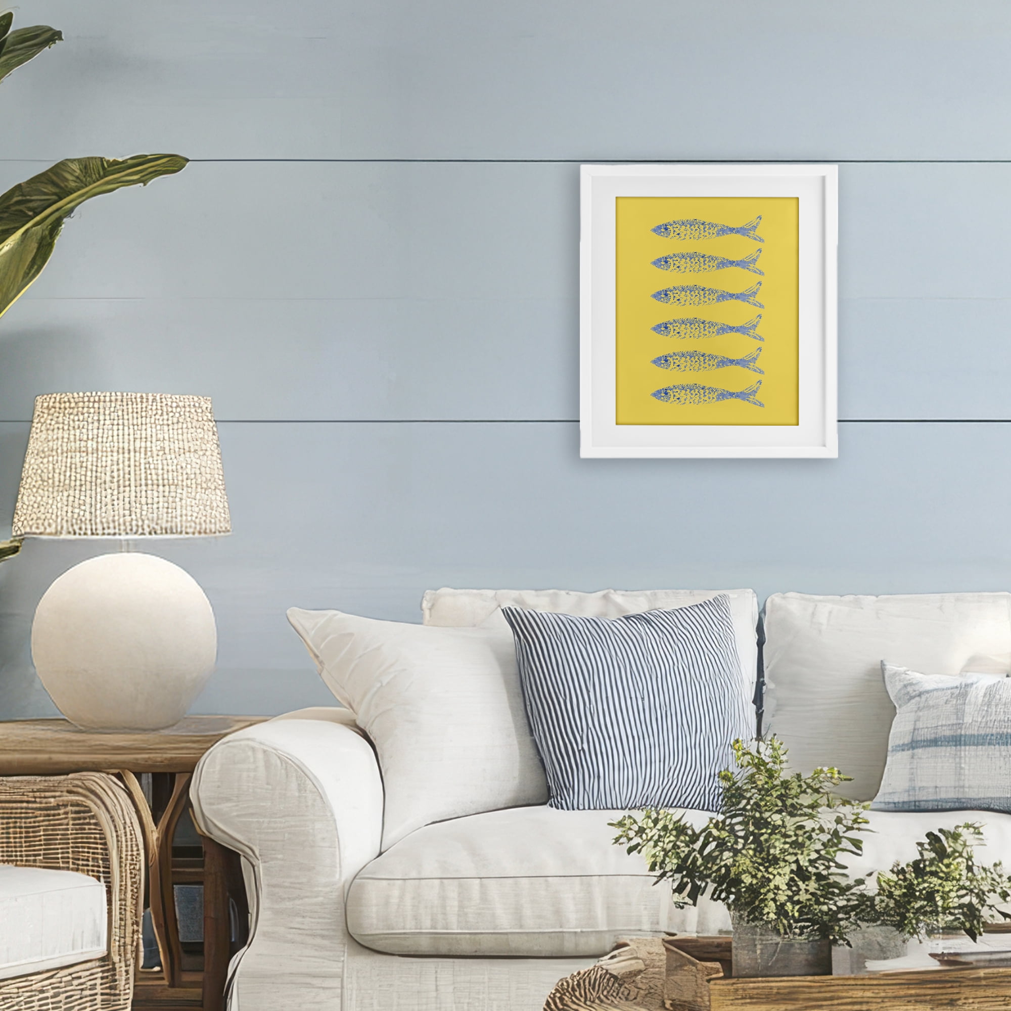 Stupell Industries Sardine Stamps on Yellow White Framed Print Under Glass, design by Julie DeRice