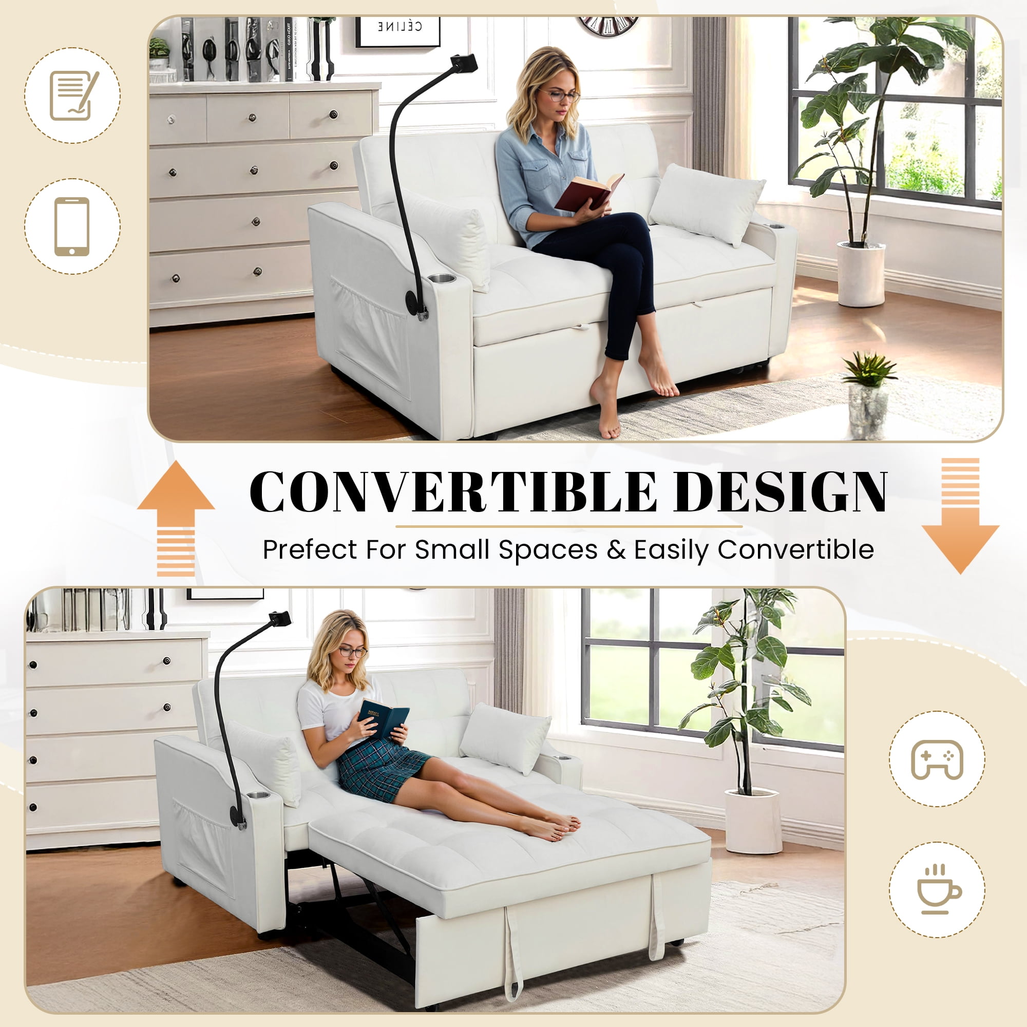 Dinosisco 3-in-1 Convertible Loveseat Sleeper, 55" Futon Sofa Bed with Phone Stand, USB, Beige Velvet