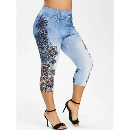 Women Lace Floral Print Leggings Summer Capris Leggings Jeggings Pants ...