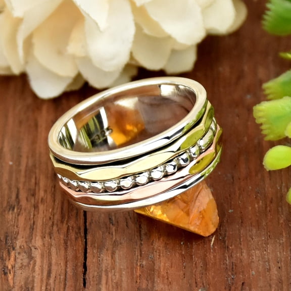TRIDHA SILVER Elegant Silver Spinner Ring With Narrow Band And Rotating Texture, Modern Statement Jewelry For Adult Wear