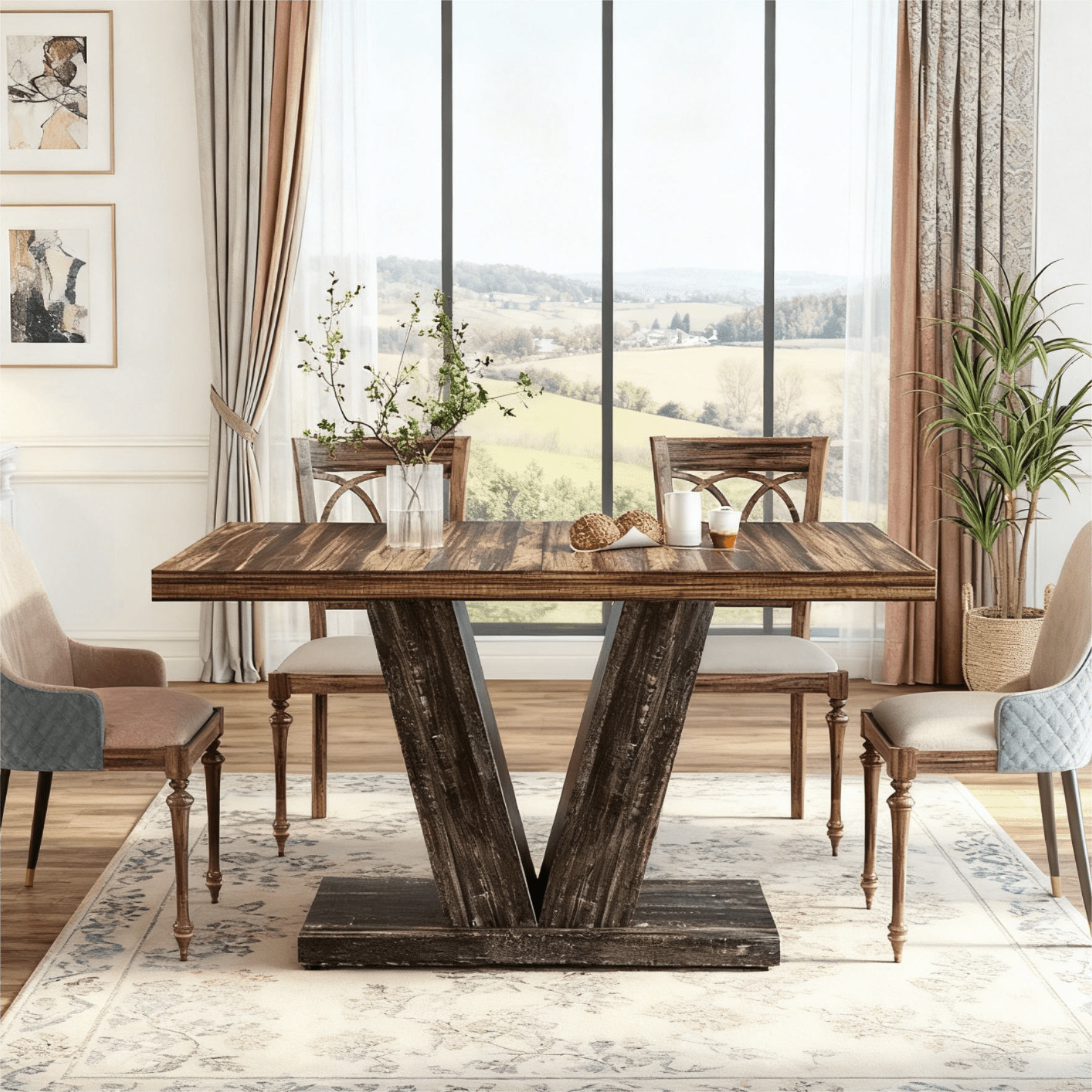 Fnova 47.24" Rectangular Farmhouse Dining Table, Wood Coffee Table for 4 People, Modern Kitchen Table for Dining Room, Brown Black (Chairs Not Included)