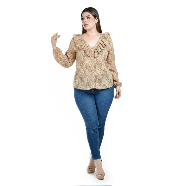 Blusa estampada con olanes Roman Fashion /Tallas Extras, 1905 (Hueso /Beige) beige 42
