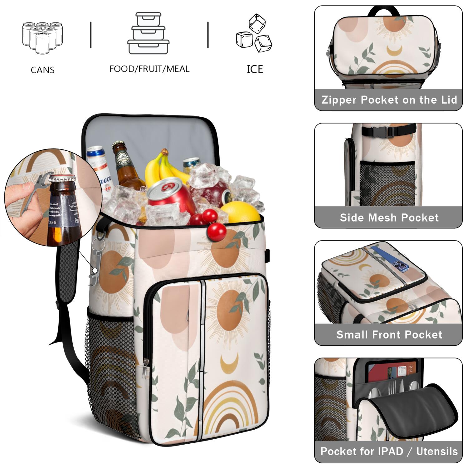 Travel Cooler Bag - Boho Bohemian Art Camping Beer Cooler Backpack with Bottle Opener- Waterproof Insulated Picnic Backpacks - Cooler Bag for Beach