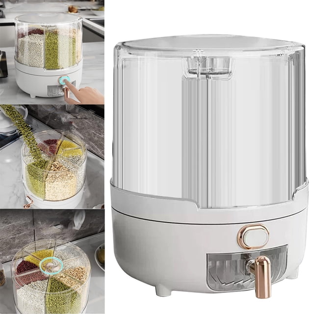 MOQIN Grain and Rice Storage Container, 6 Grid Grain Dispenser, 360° Rotating Large Food Dispenser, Rice Dispenser Upgrade 6 Compartment Rotating, Airtight Storage
