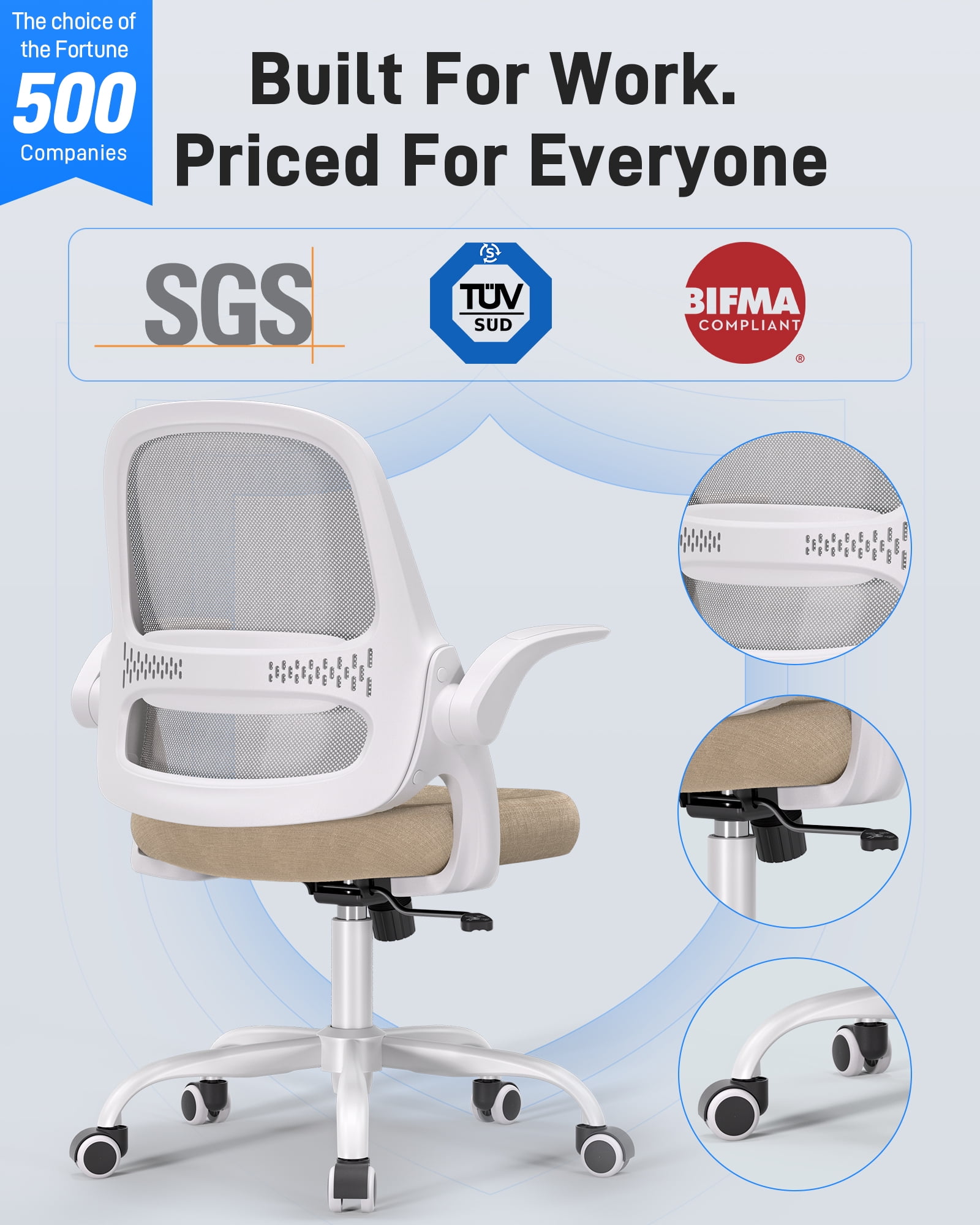 TMV Ergonomic Office Chair, Mesh Computer Chair with Wide Seat & Arms - Rolling Desk Chair with Wheels for Home Office, Gaming, or Living Room,Beige