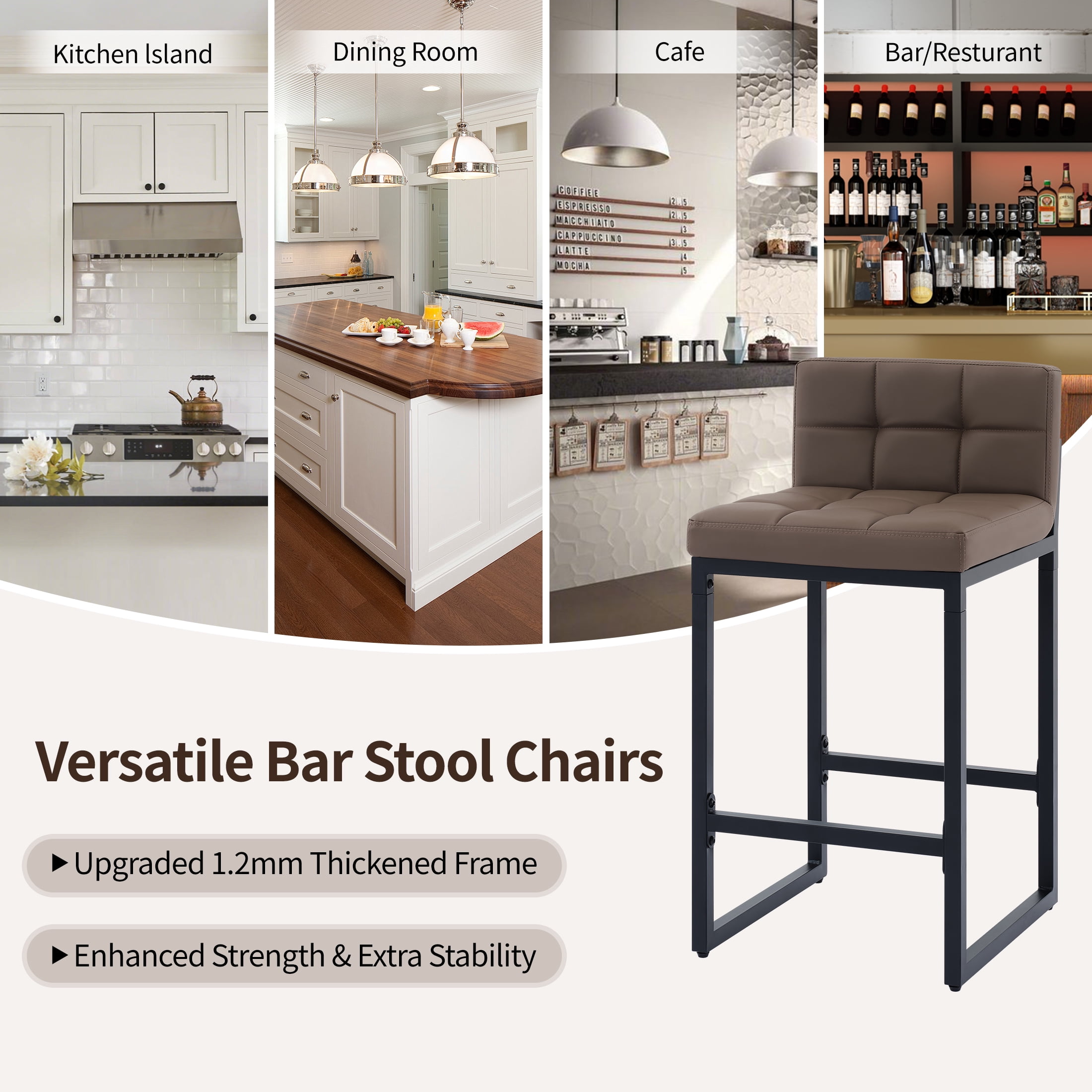 FIRAVOE Bar Stools Set of 3, Counter Height Bar Stools (Low Back)(Thickened Frame) 26" PU Leather Barstools Bar Chairs for Kitchen Island, Coffee Brown