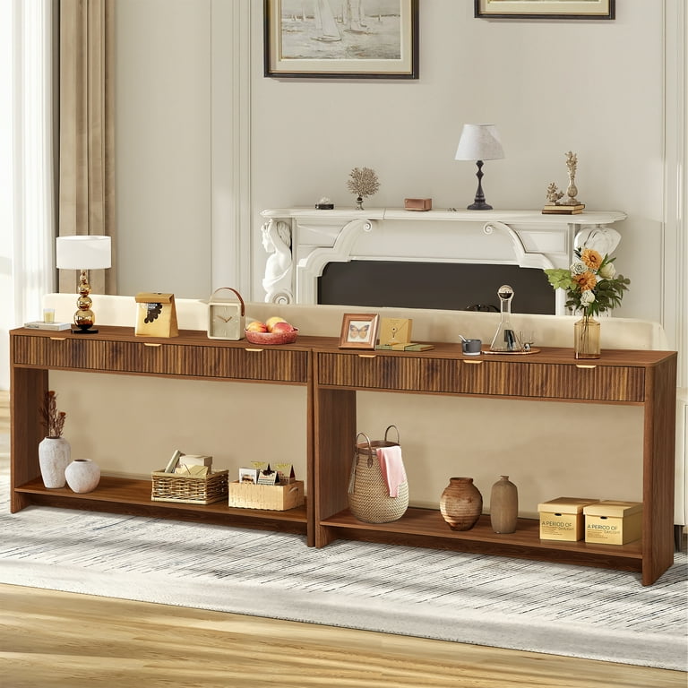 co+feウッドボード PHOYAL Fluted Walnut Console Table with 3 Drawers, Wave Entryway