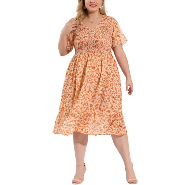 Plus Size Dresses for Women Elegant Floral Midi Flare Dress White 4X