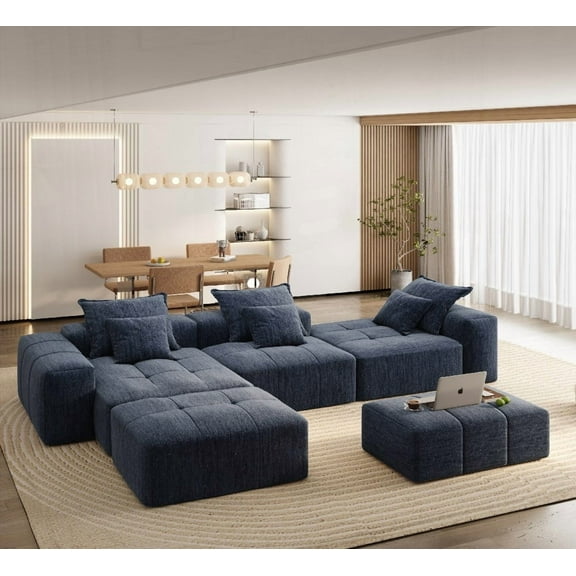 Modern Oversized Chenille Fabric Sectional Sofa 184cm with 6 Pillows and No Assembly Required