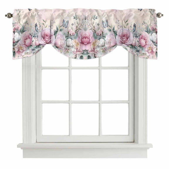 Tie Up Valances for Windows, Pink Roses Floral Adjustable Valance Curtains Window Treatment for Living Room/Bedroom, Vintage Romance Botanical Flowers Rod Pocket Kitchen Curtains & Drapes 42x18 Inch