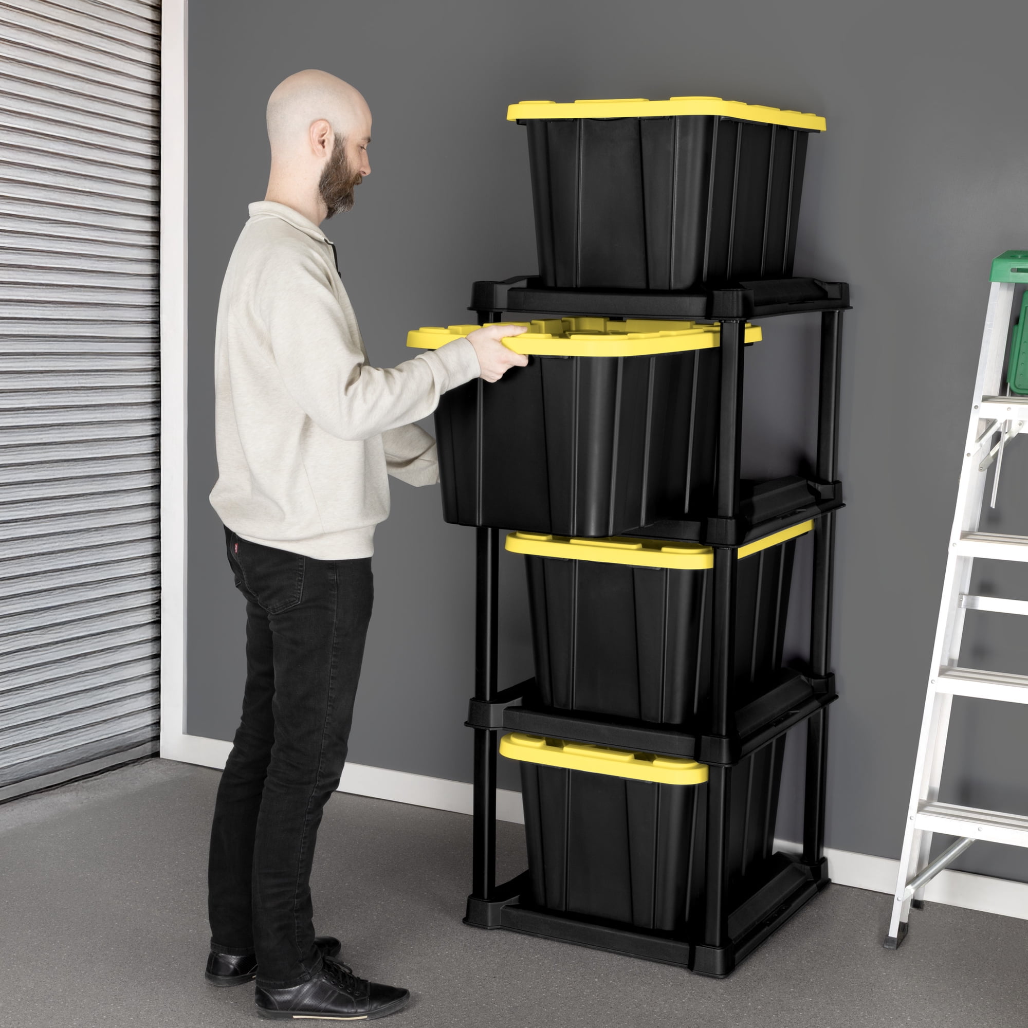 (4 pack) Sterilite 4 Tier Plastic Tote Rack, Holds Four 27 Gallon Industrial Storage Bins, Rugged and Durable, Black