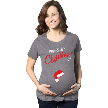 

Bumps First Christmas Maternity Shirt Funny Merry Tee for New Pregnant Family Dark Heather Grey Medium
