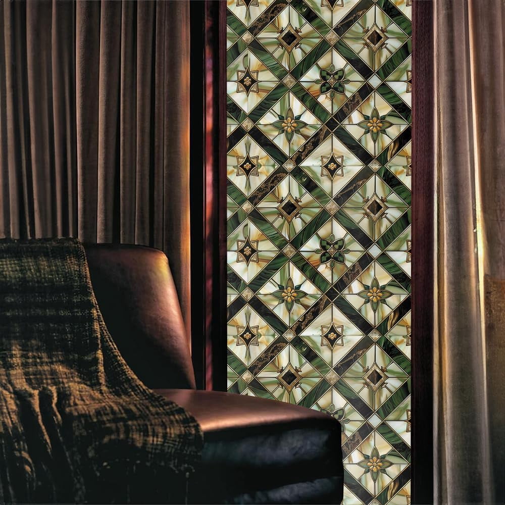 Boho Golden Vintage Geometric Dark Green Ethnic Stained Glass Window Films Decorative Double-Side Privacy Film Self-Adhesive Static Glass Window Clings for Living Room Bathroom Glass Windows Decor