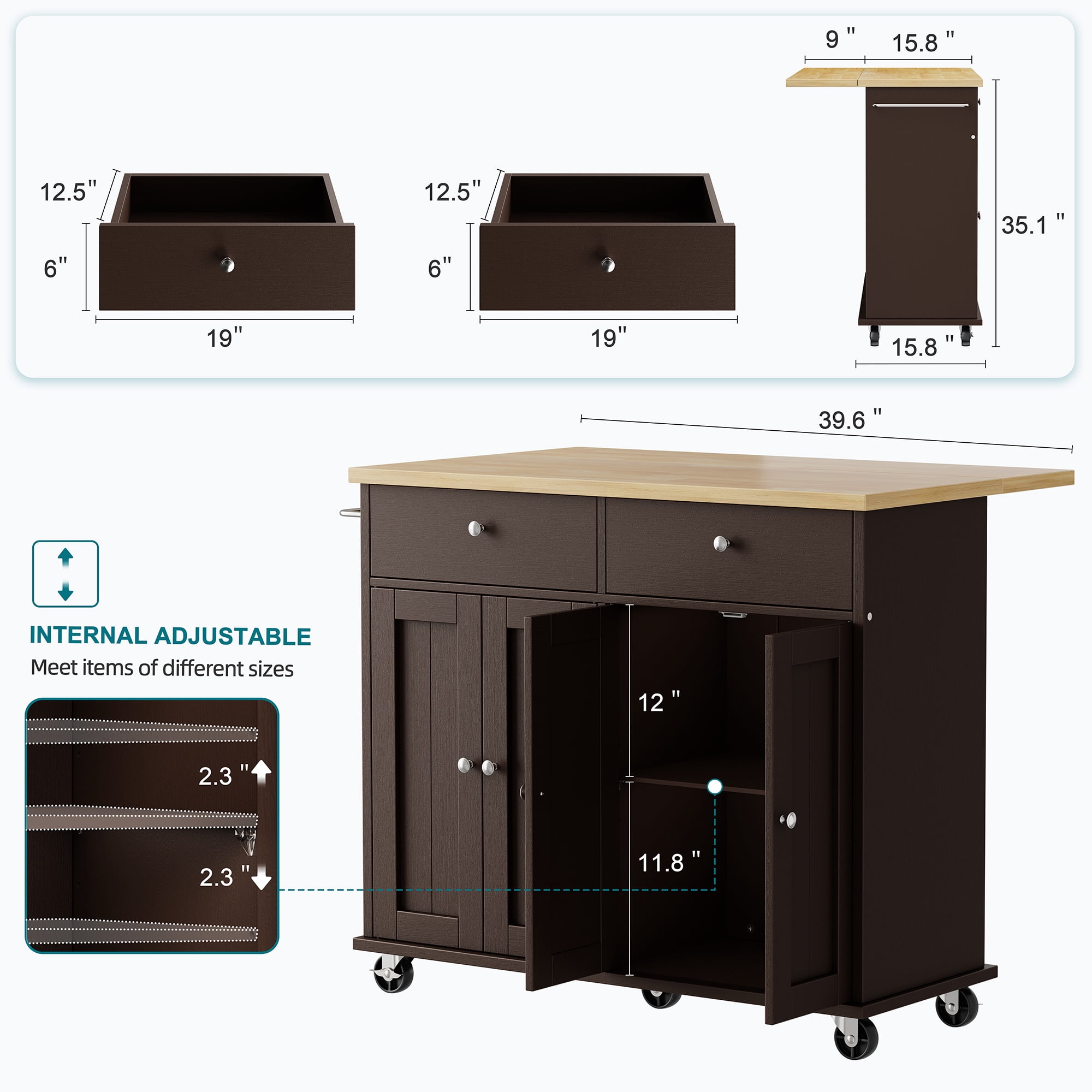 Walsunny Kitchen Islands Carts with Drop Leaf Table 2 Drawers 5 Wheels 4 Magnetic Doors Rolling Storage Cabinet Brown