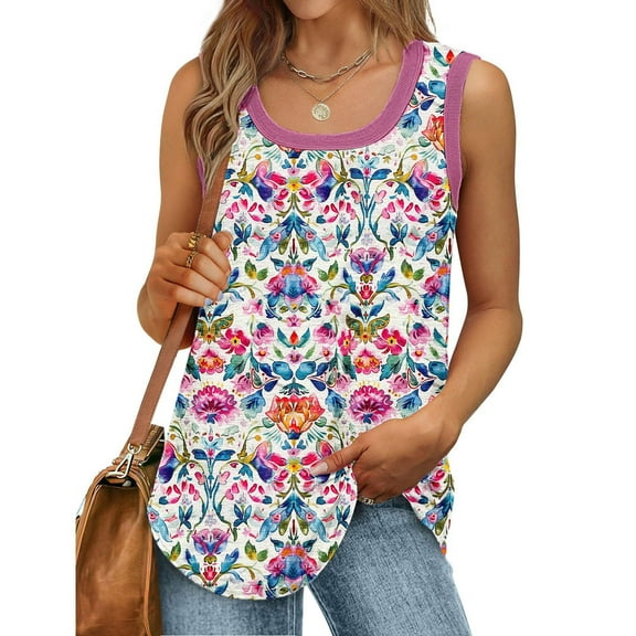 Zynoxe Plus Size Tank Tops for Women Fashion Print Summer Loose Sleeveless Tops for Women Ribbed Trim Scoop Neck Curved Hem Vacation Daily Tunic Shirts