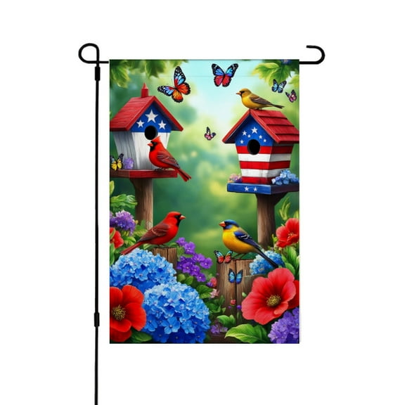 AMHNF Patriotic Birdhouse Garden Flag with Birds and Butterflies for Spring Summer Home Outdoor Garden Yard Door Decor 12x18 inch