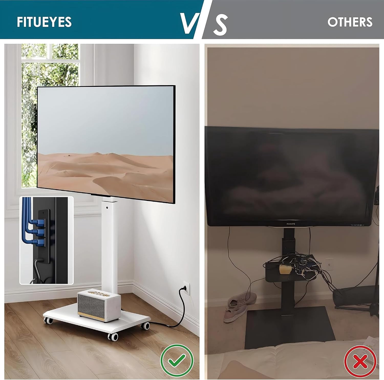 FITUEYES 2PCS Rolling TV Stand for 32–75 Inch TVs, White, Power Outlet, Portrait/Landscape Rotation