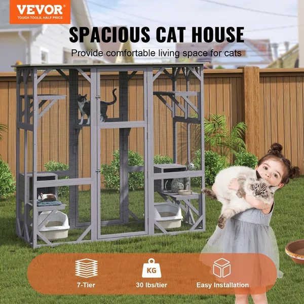 Outdoor Cat House 7 Tier Large Catio Enclosure with 5 Platforms 2 Resting Boxes and Large Front Door 71.2 x 34.6 x 66.5 Inches