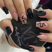 KXAMELIE  Black Press on Nails Medium Coffin with Snake Designs French Tips Glue on Nails for Women Daily Wear