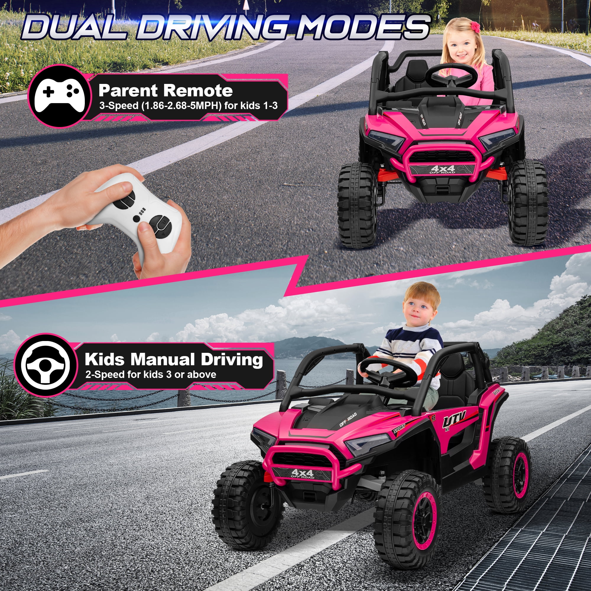 Funride 24V 4WD Electric UTV for Kids, 2-Seater Ride, Remote