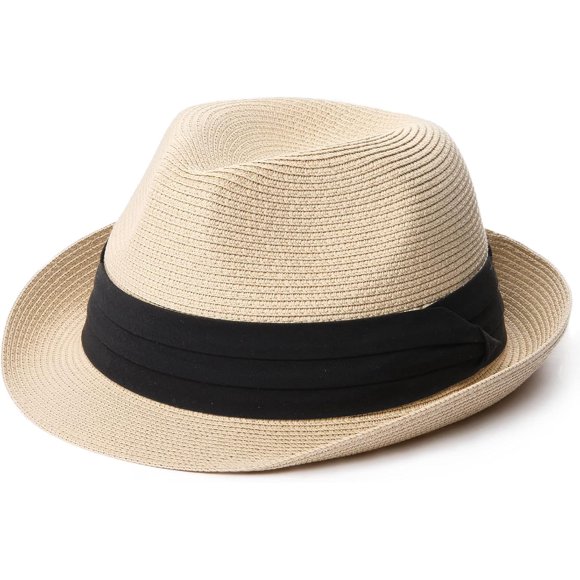 Large-X-Large BeigeFedora Straw Sun Hat for Men Women Foldable Roll Up Short Brim Trilby Hat Panama Beach Hat UPF 80+