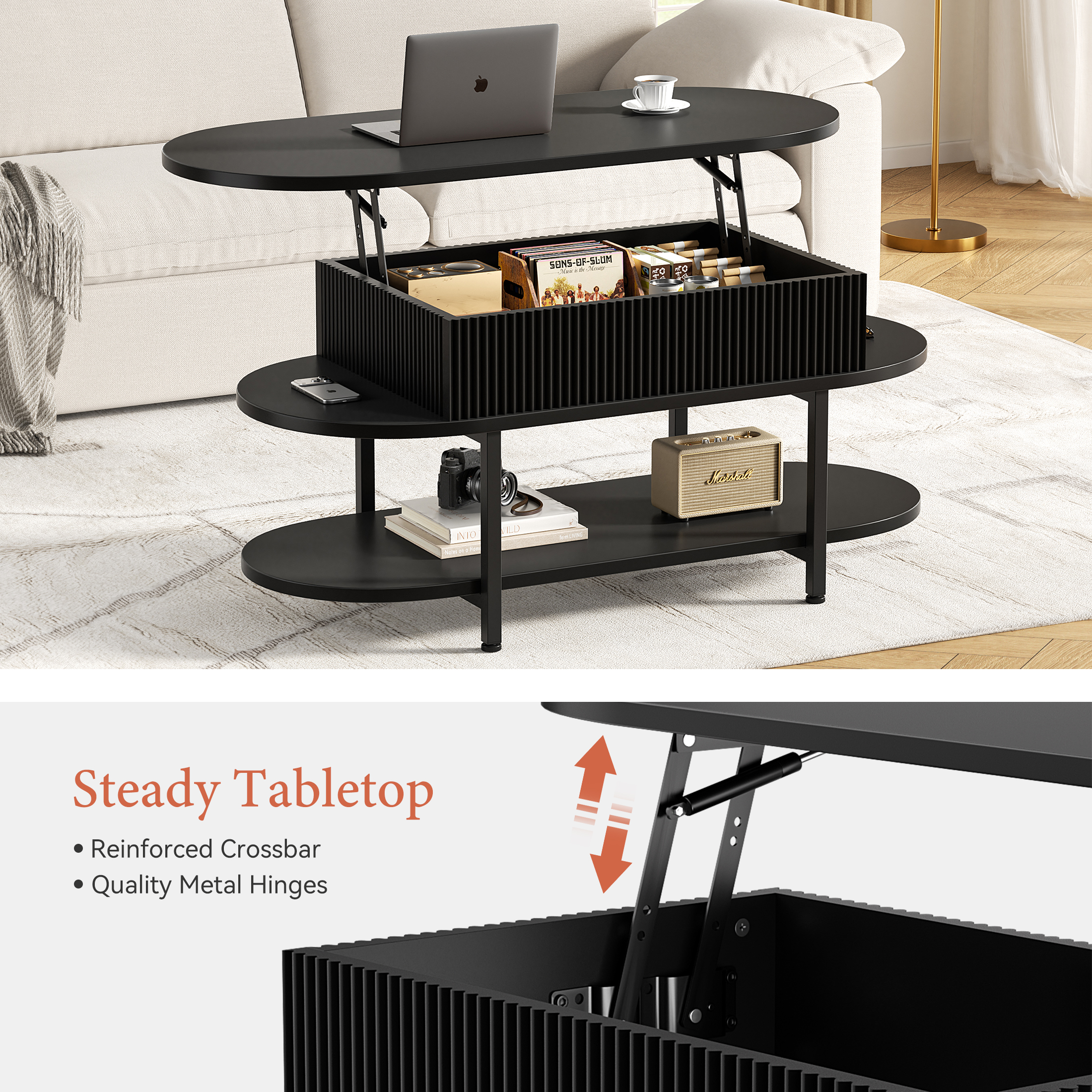 GUNAITO Lift Top Coffee Table with Storage, Modern Farmhouse Center Table with Shelf 3 Tier for Living Room, Black