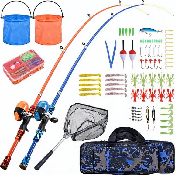 Portable Kids Fishing Rod Set 2-Pack Telescopic Rod and Reel Combos with Net and Bucket Blue and Orange