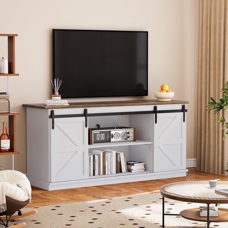 Homall 58'' TV Stand for TVs up to 65'', Storage Cabinet with Sliding Barn Door, Entertainment Center, White