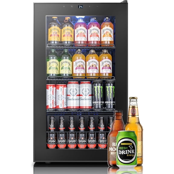 Yeego 136 Can Beverage Refrigerator Cooler, 3.4 cu.ft. Beverage Fridge with Glass Door for Home/Bar/Office, Black