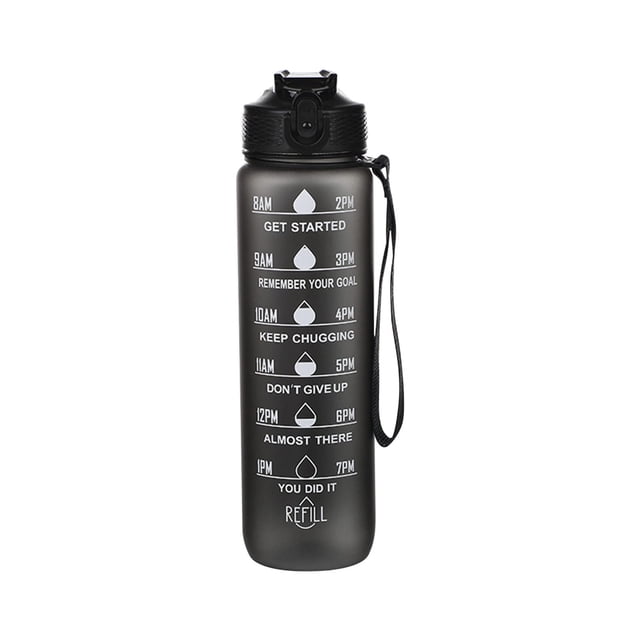 Botella de agua deportiva motivacional a prueba de fugas de 32 oz con pajita y marcador de tiempo, botella esmerilada duradera y no tóxica con tapa abatible (negro)