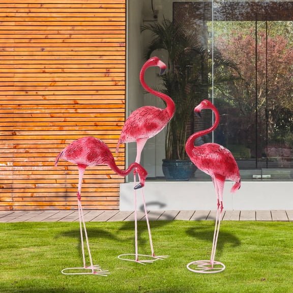 3 Pack Metal Flamingo Statue, Red Sculpture Art Decor for Garden Yard