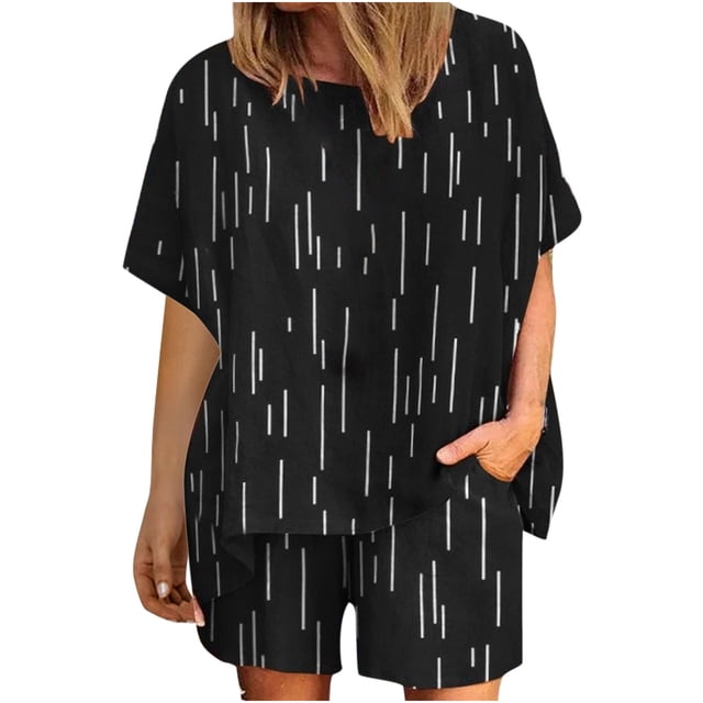 Mujeres Casual Verano Cuello redondo Impreso Manga corta Tops y pantalones cortos Conjunto de dos piezas Traje Wmkox8yi bvn1029