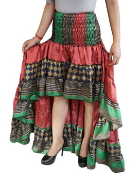 Mogul Women Recycled Sari Tiered Full Flared Hi Low Skirt High Waist Ruffle Summer Sexy Skirts S/M