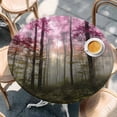 thumbnail image 2 of Pink Forest Round Tablecloth, Fitted Table Cover with Elastic for 55"-60" Round Tables, Vintage Foggy Woods Tree Table Cloth Outdoor Indoor Dinning Party Waterproof Tablecloths, 2 of 7