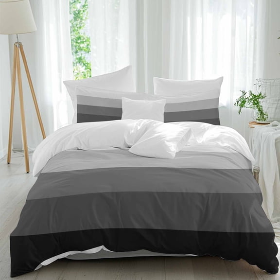 3 Piece Black Grey Ombre Duvet Cover Set Queen Size,Microfiber Comforter/Quilt Cover with Corner Ties and 2 Pillowcases,Modern Abstract Art Farmhouse Striped All Season Bedding with Zipper Closure