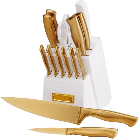 15-Piece Kitchen Knife Block Set with Stainless Steel Blades, Gold
