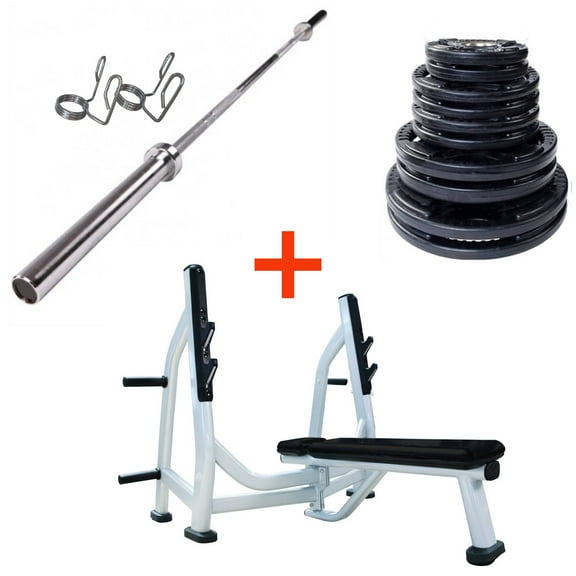 French Fitness Rubber Grip Weight Plate Set w/7 ft Olympic Bar 235 lbs   Bench (New)