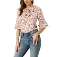 thumbnail image 4 of Allegra K Women's Layered Ruffle Elbow Sleeve Ruffled Tie-Neck Floral Blouse, 4 of 6