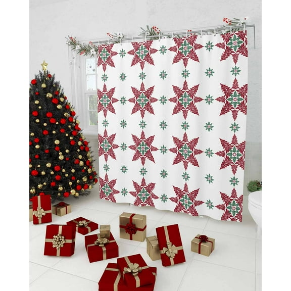 Red Green Christmas Shower Curtain, Snowflake Xmas Abstract Waterproof Washable Boho Funny Cute Shower Curtains Set for Bathroom Farmhouse Bathtubs Decor with Hook, 72"Wx84"L