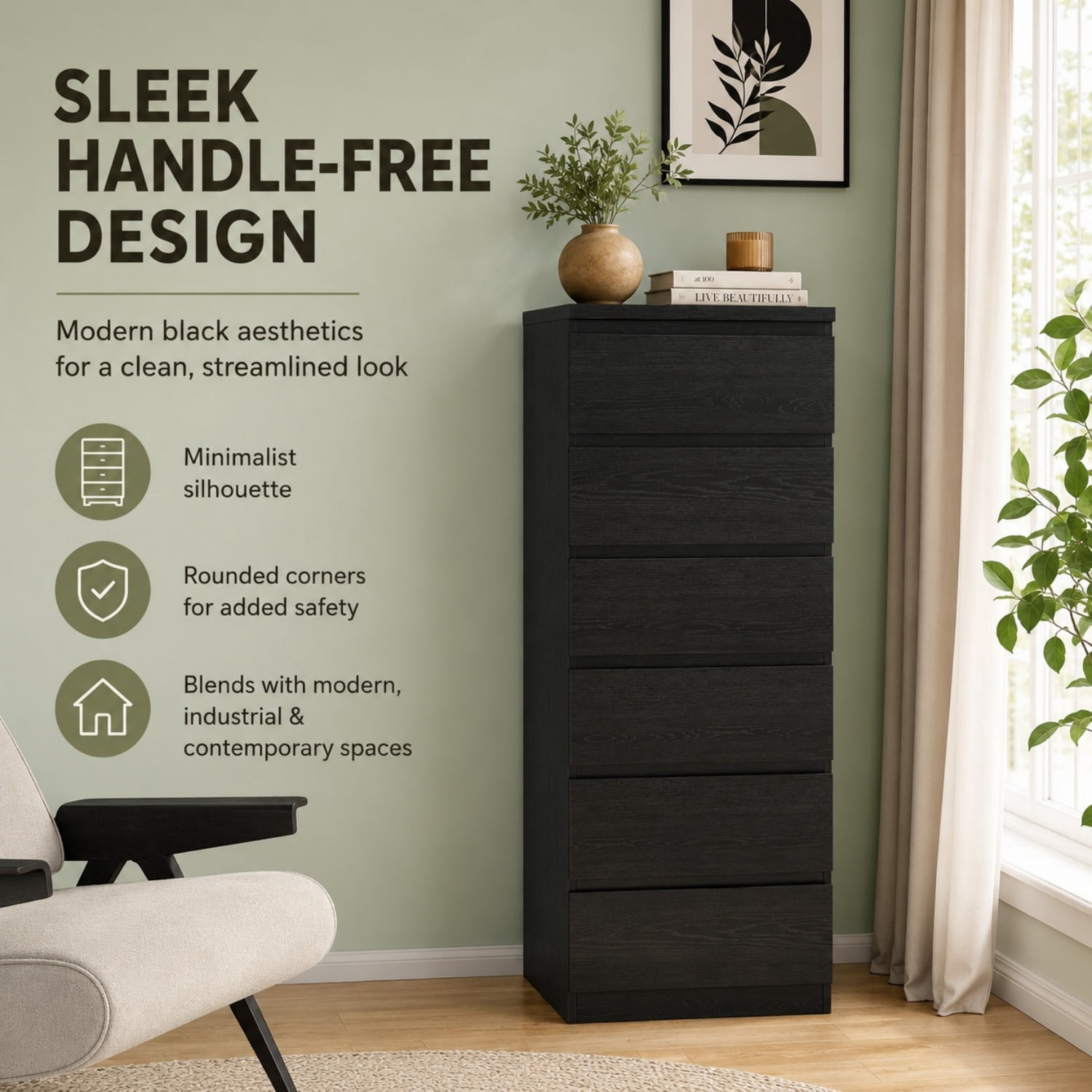 Miniyam 6 Drawer Dresser, Black Tall Dresser Chest of Drawers, Modern Handle-Free Storage Cabinet for Bedroom and Closet