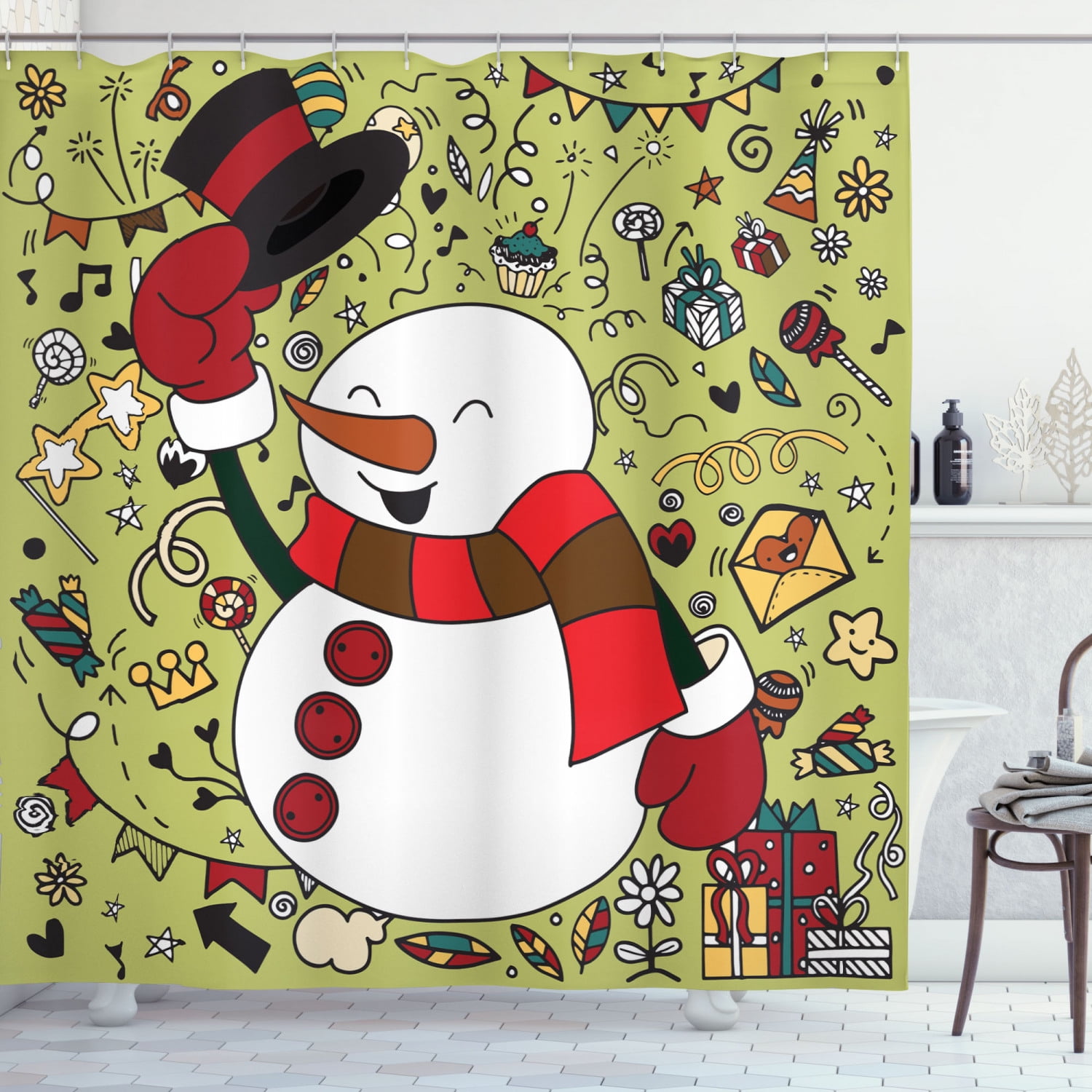 Christmas Shower Curtain, Greeting Smiling Snowman with Various New