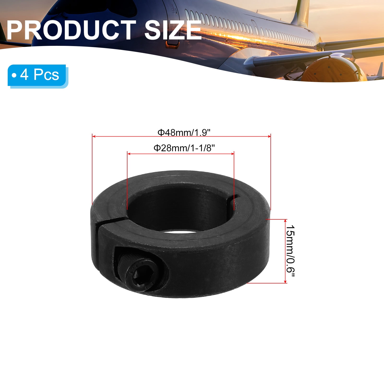 45#Carbon Steel Bore 28mm Single Split Shaft Collar 48mm OD 15mm Thickness with Set Screw, Black 4 Pack